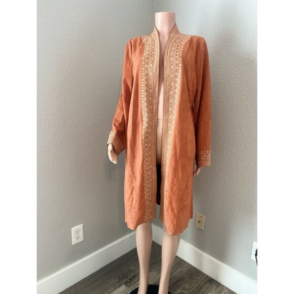 Soft Surroundings Faux Suede Orange Duster Coat Jacket Cardigan Embroidered Sz L - Picture 1 of 11